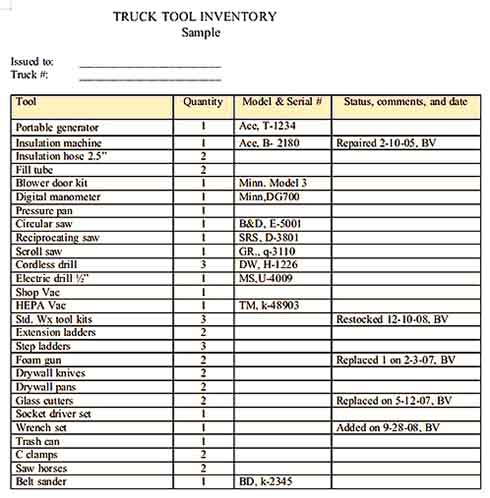 Truck Tool Inventory Document Download Templates Sample