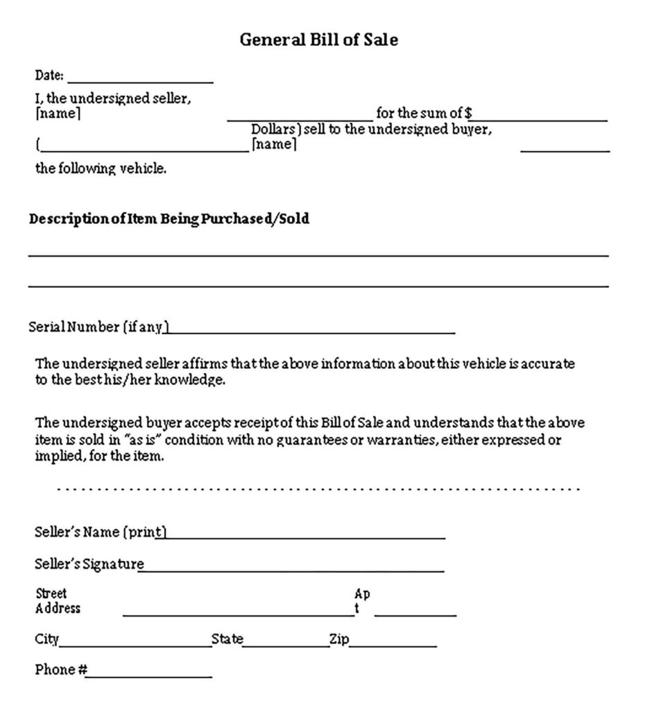 Sample General Vehicle Bill of Sale Templates