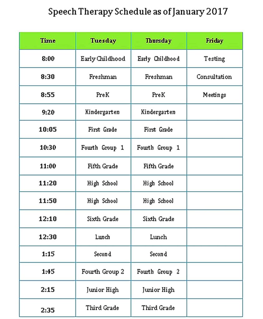 Template Speech Therapy Schedule Sample