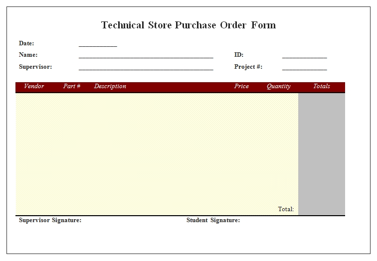 Templates Technical Store Purchase Order Form Example