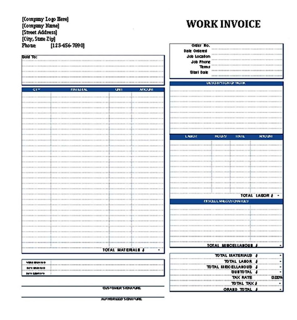 Templates Work Invoice Example