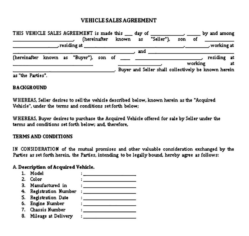 Simple Vehicle Sales Agreement Template