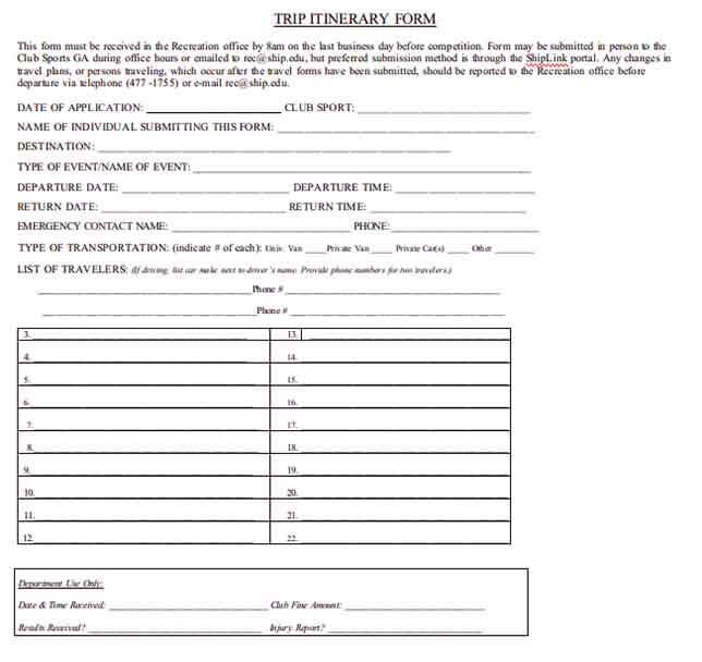 Templates Travel Itinerary Form Example