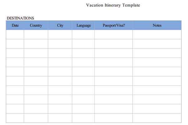 Templates vacation itinerary Example 1