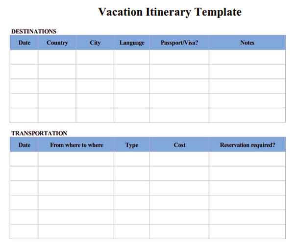 Templates vacation itinerary Example