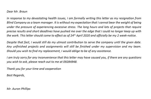 143.Resignation Letter due to Stress